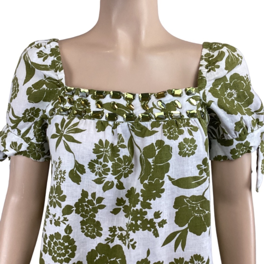 Alexandra Bartlett 100% Linen‎ White & Olive Green Dress Size Medium Puff Short - Picture 4 of 8